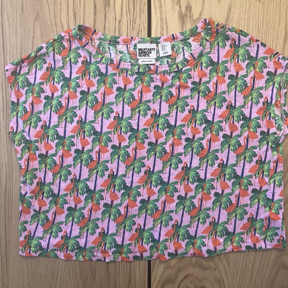 Bouffants & Broken Hearts Linen Pink Flamingo Short Sleeve Vacation Top XL Summe
